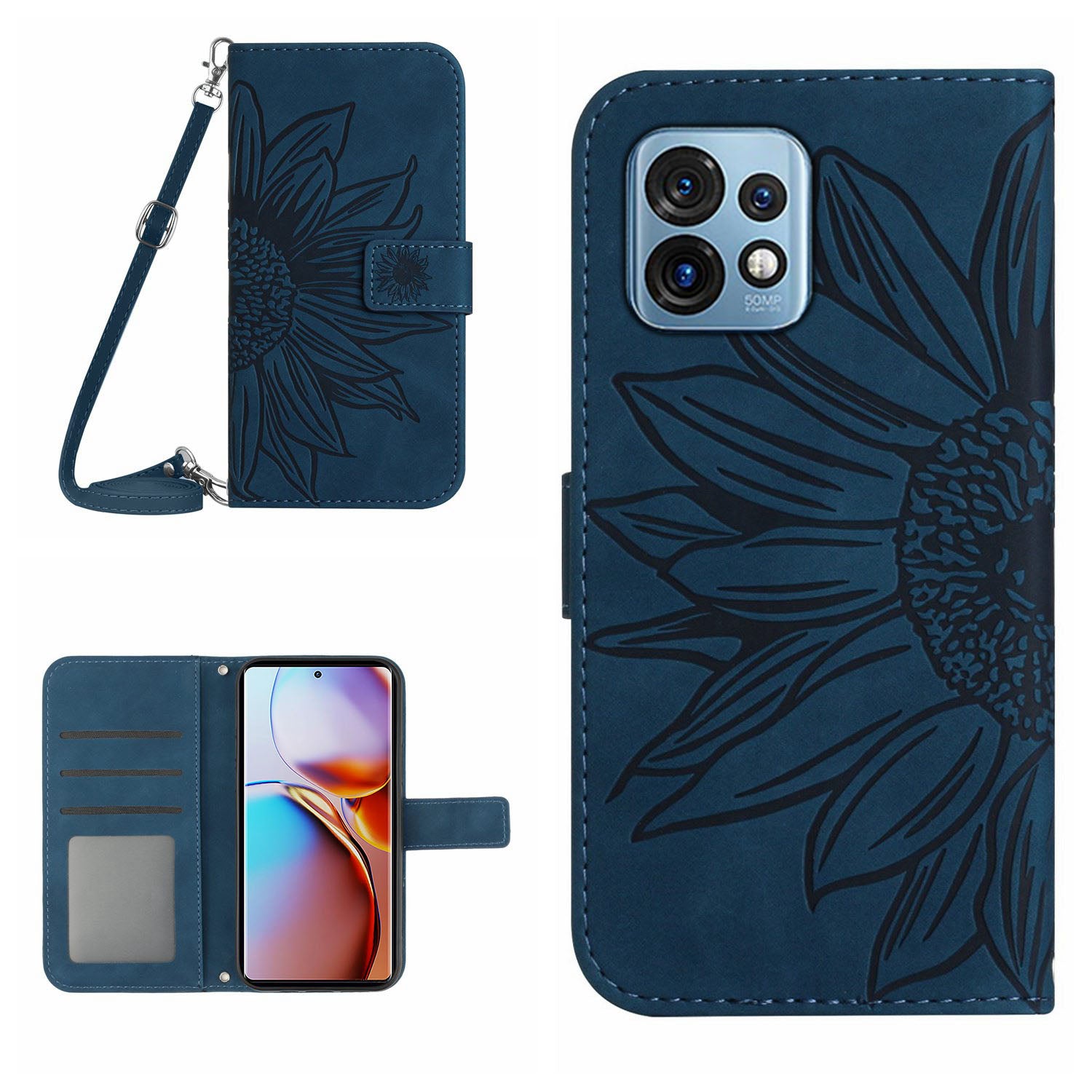 HT04 Flip Cover for Motorola Edge+ (2023) / Edge 40 Pro 5G / Moto X40 5G Drop Proof Sunflower Imprinted Stand Wallet PU Leather Case with Shoulder Strap