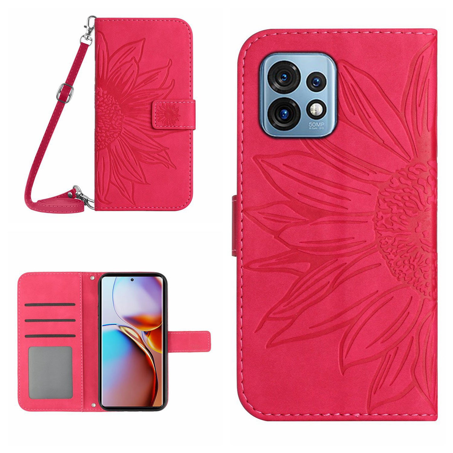 HT04 Flip Cover for Motorola Edge+ (2023) / Edge 40 Pro 5G / Moto X40 5G Drop Proof Sunflower Imprinted Stand Wallet PU Leather Case with Shoulder Strap