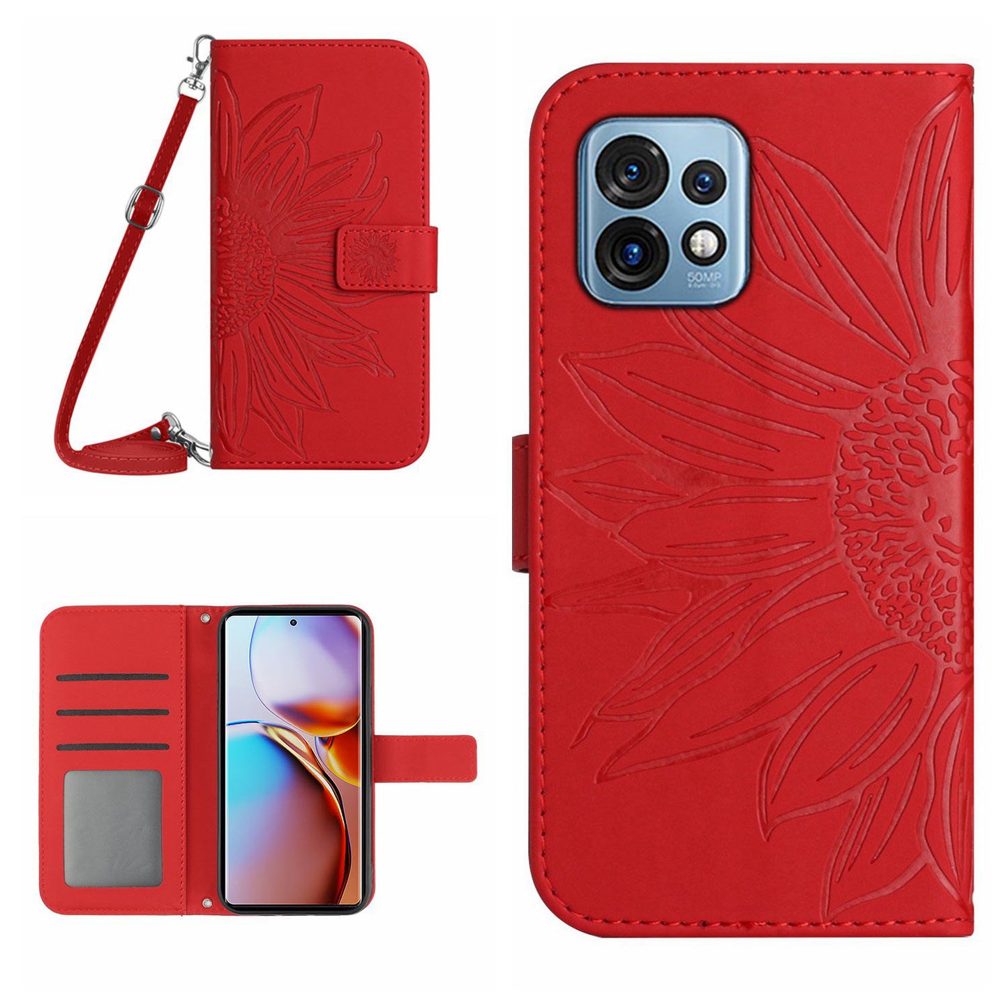 HT04 Flip Cover for Motorola Edge+ (2023) / Edge 40 Pro 5G / Moto X40 5G Drop Proof Sunflower Imprinted Stand Wallet PU Leather Case with Shoulder Strap