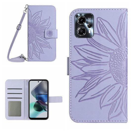 HT04 Flip Cover for Motorola Moto G23 4G / G13 4G, Shockproof Sunflower Imprinted Stand Wallet PU Leather Case with Shoulder Strap