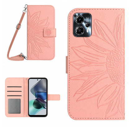 HT04 Flip Cover for Motorola Moto G23 4G / G13 4G, Shockproof Sunflower Imprinted Stand Wallet PU Leather Case with Shoulder Strap