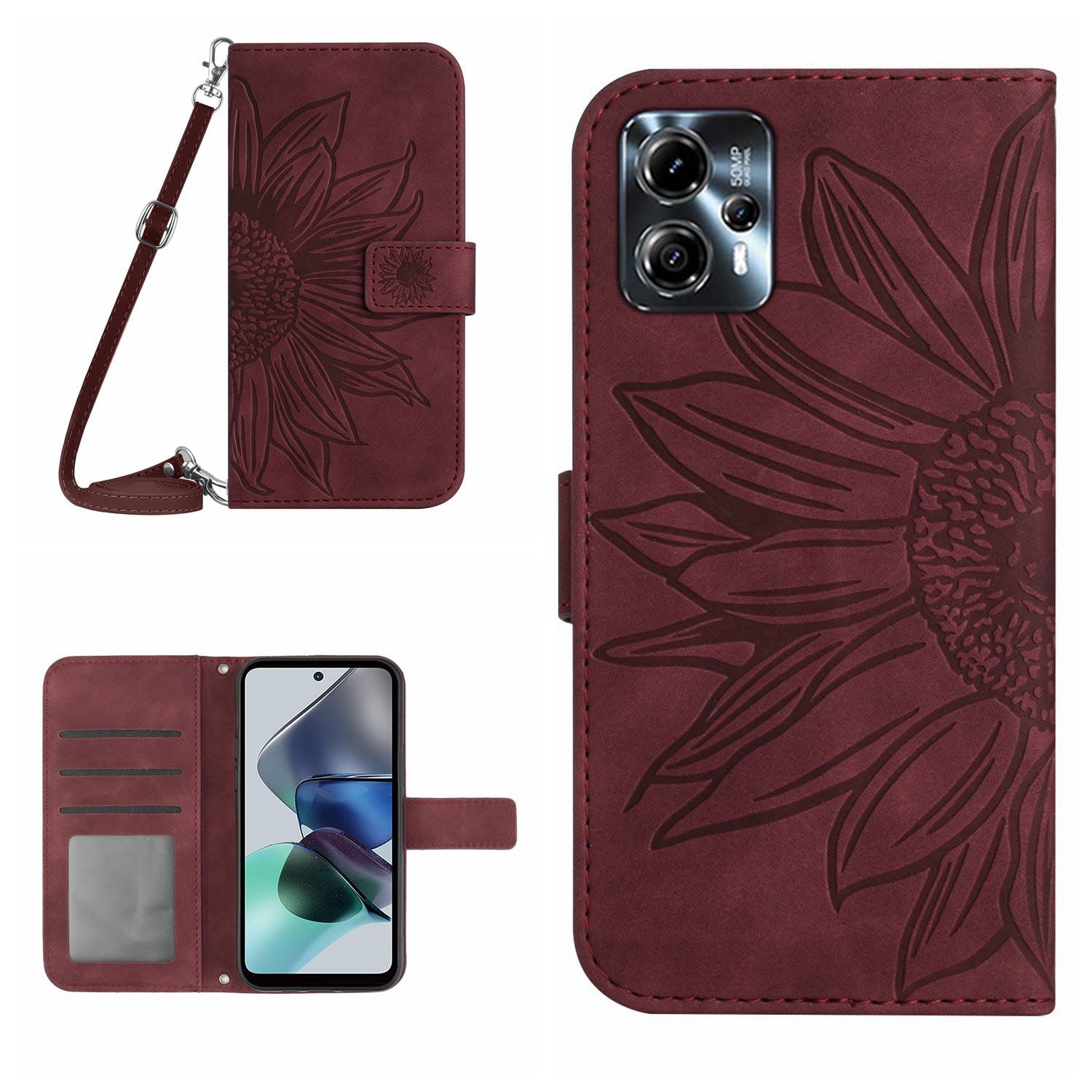 HT04 Flip Cover for Motorola Moto G23 4G / G13 4G, Shockproof Sunflower Imprinted Stand Wallet PU Leather Case with Shoulder Strap