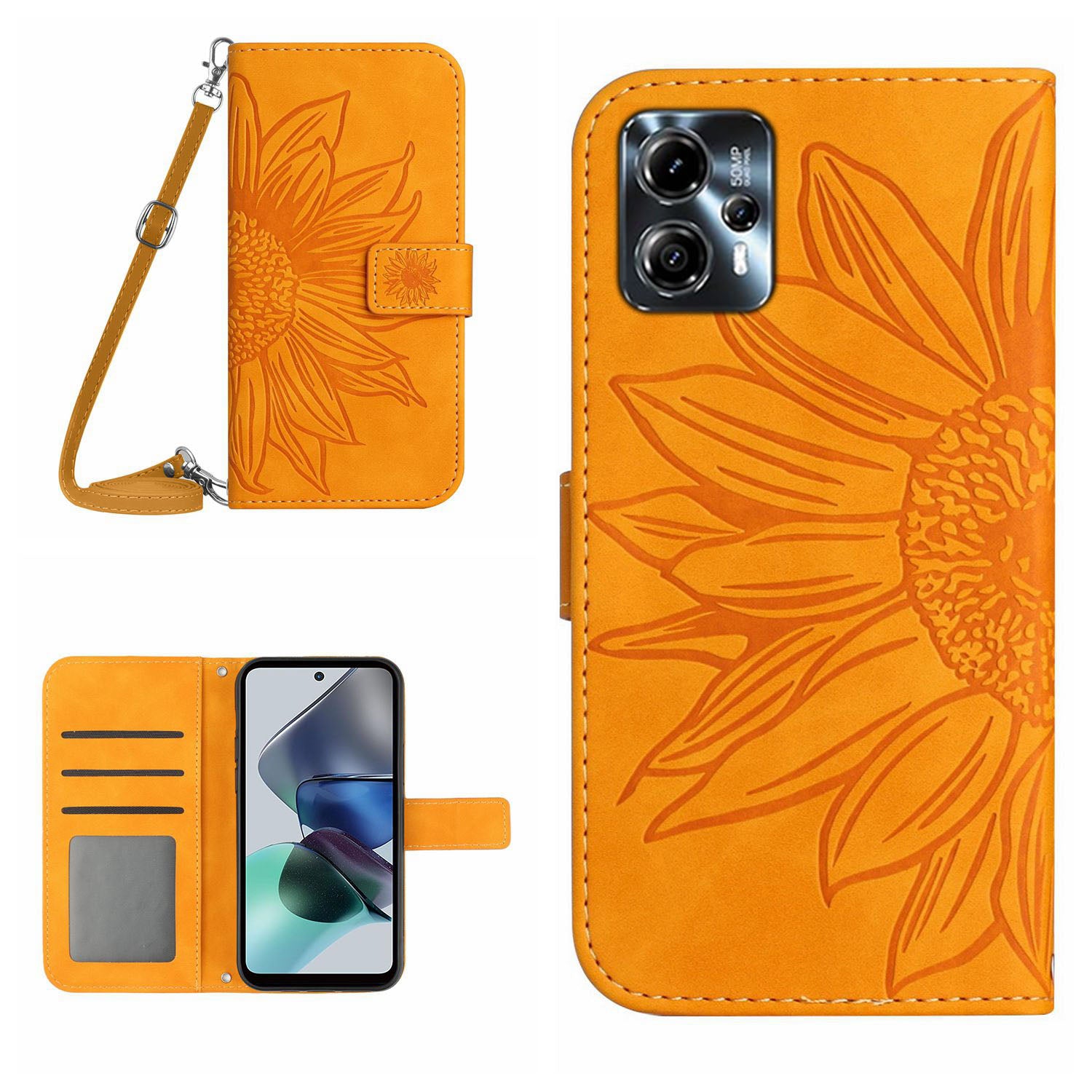 HT04 Flip Cover for Motorola Moto G23 4G / G13 4G, Shockproof Sunflower Imprinted Stand Wallet PU Leather Case with Shoulder Strap