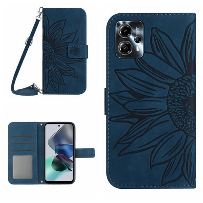 HT04 Flip Cover for Motorola Moto G23 4G / G13 4G, Shockproof Sunflower Imprinted Stand Wallet PU Leather Case with Shoulder Strap