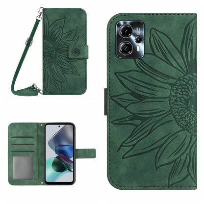 HT04 Flip Cover for Motorola Moto G23 4G / G13 4G, Shockproof Sunflower Imprinted Stand Wallet PU Leather Case with Shoulder Strap