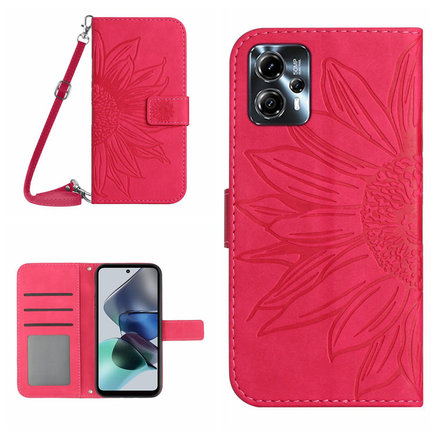 HT04 Flip Cover for Motorola Moto G23 4G / G13 4G, Shockproof Sunflower Imprinted Stand Wallet PU Leather Case with Shoulder Strap