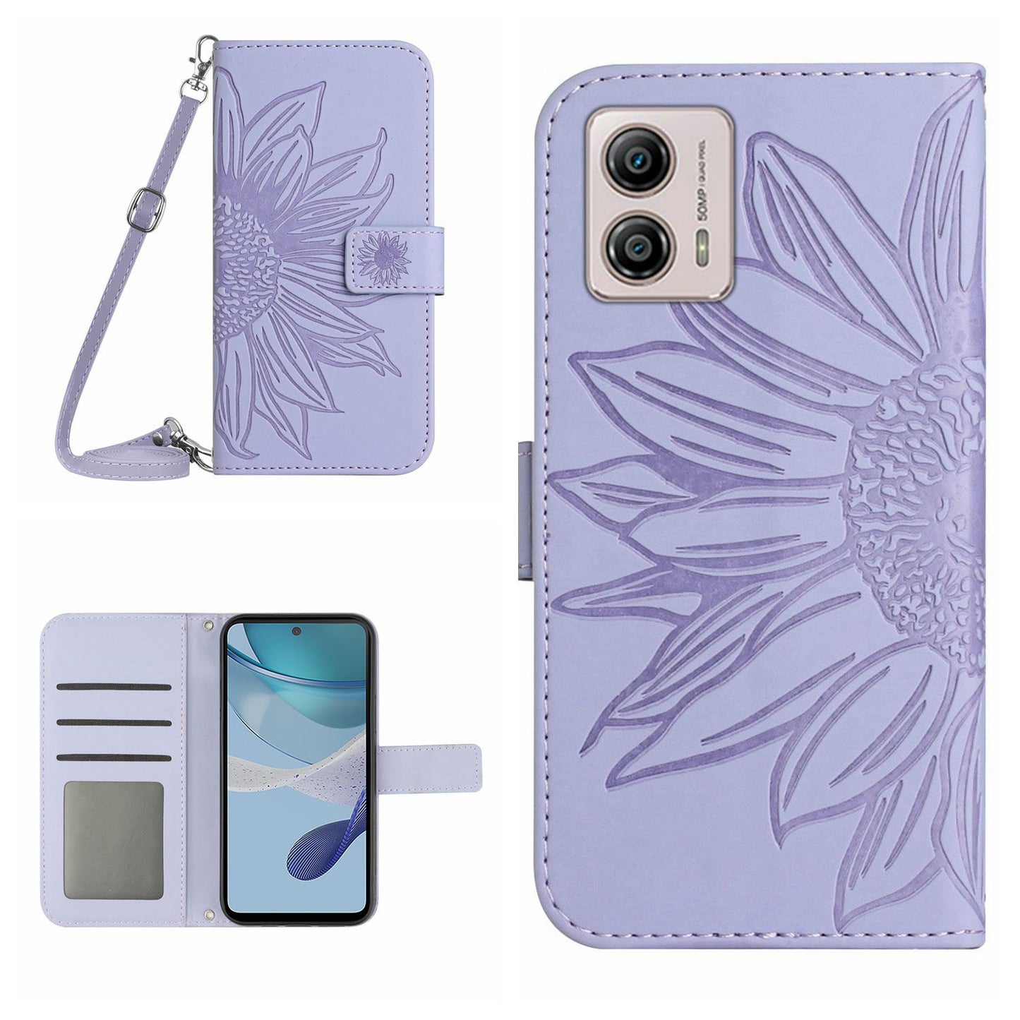 HT04 Stand Wallet Cover for Motorola Moto G53 5G, Sunflower Imprinted PU Leather Case with Shoulder Strap