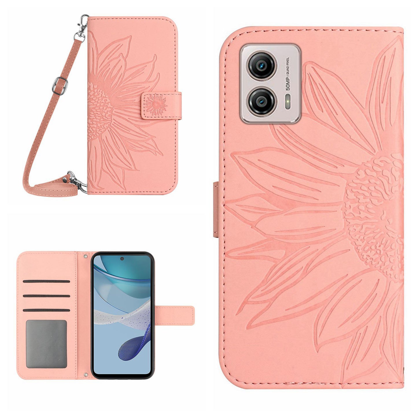 HT04 Stand Wallet Cover for Motorola Moto G53 5G, Sunflower Imprinted PU Leather Case with Shoulder Strap