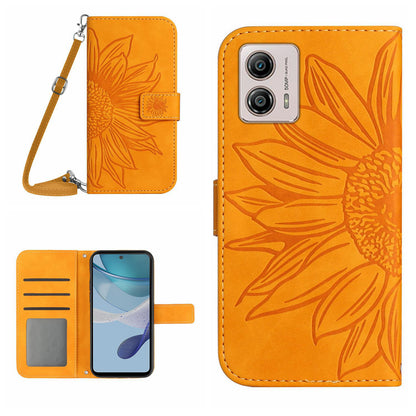 HT04 Stand Wallet Cover for Motorola Moto G53 5G, Sunflower Imprinted PU Leather Case with Shoulder Strap