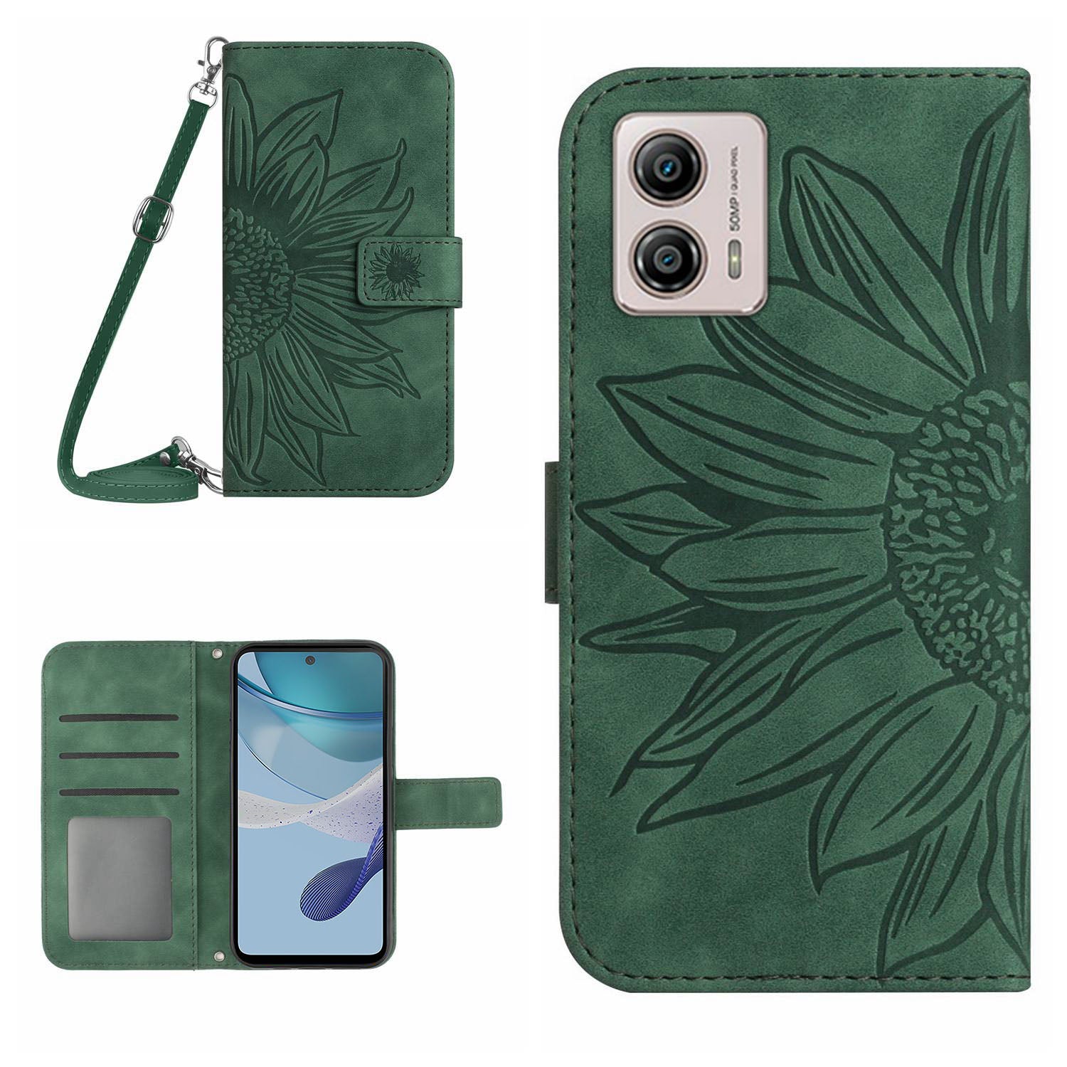 HT04 Stand Wallet Cover for Motorola Moto G53 5G, Sunflower Imprinted PU Leather Case with Shoulder Strap