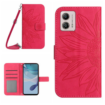 HT04 Stand Wallet Cover for Motorola Moto G53 5G, Sunflower Imprinted PU Leather Case with Shoulder Strap