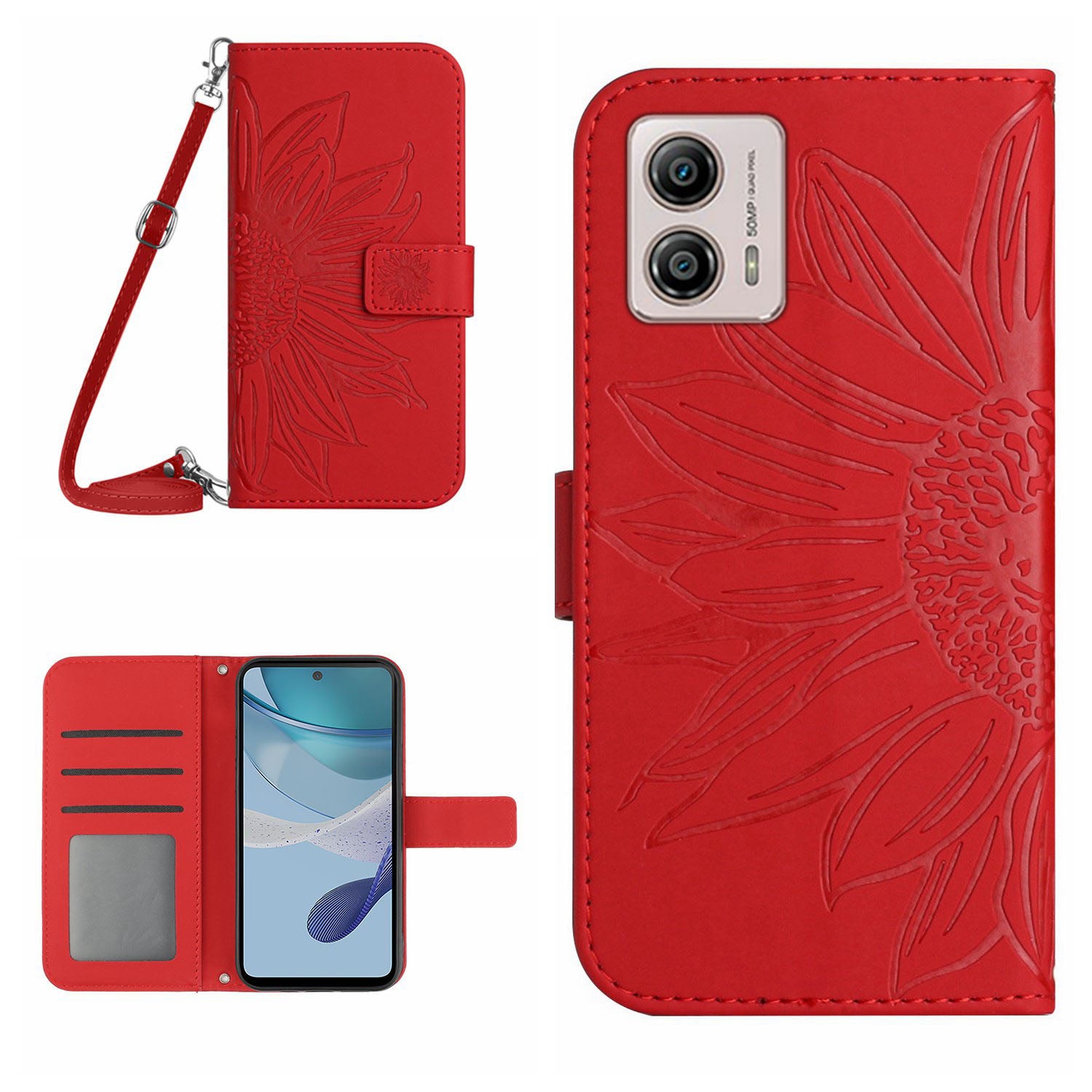 HT04 Stand Wallet Cover for Motorola Moto G53 5G, Sunflower Imprinted PU Leather Case with Shoulder Strap