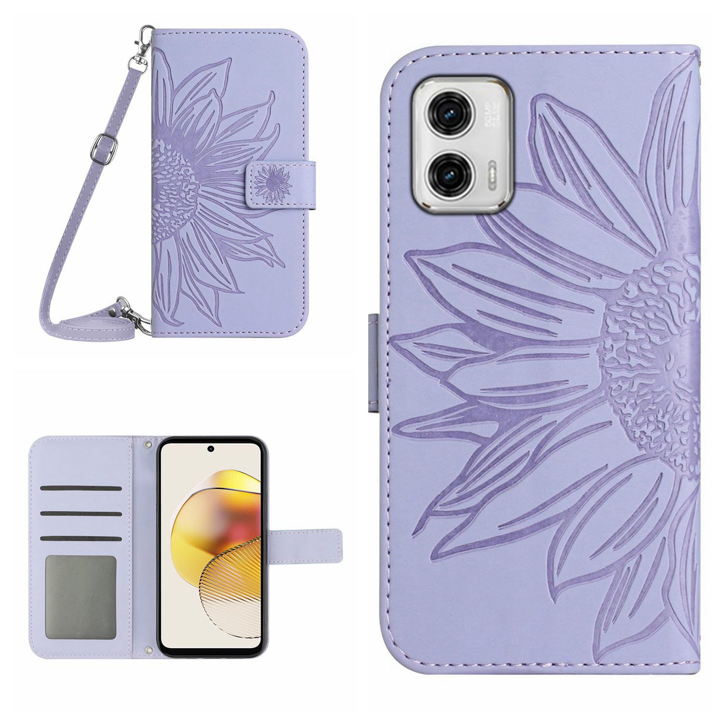 HT04 Flip Cover for Motorola Moto G73 5G, Bump Proof Sunflower Imprinted Stand Wallet PU Leather Case with Shoulder Strap