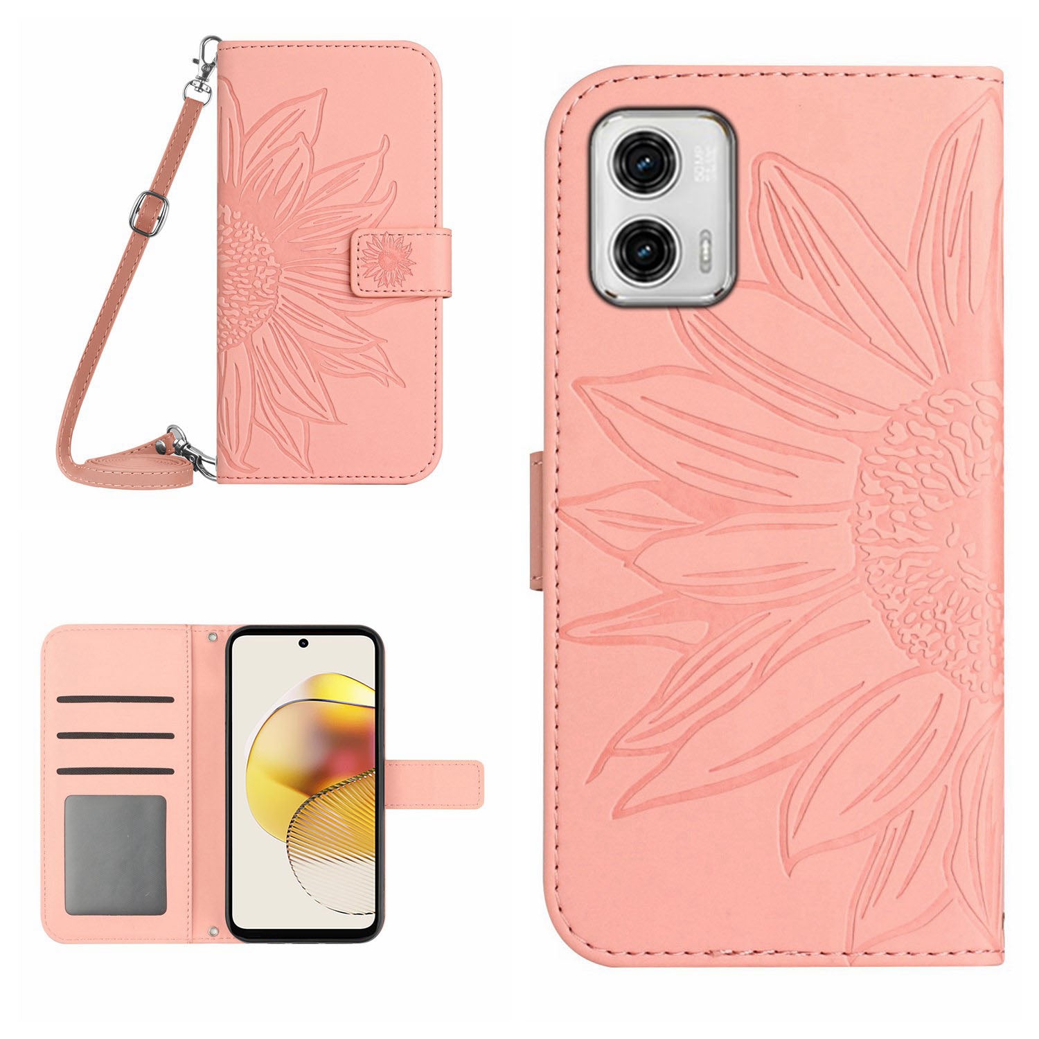 HT04 Flip Cover for Motorola Moto G73 5G, Bump Proof Sunflower Imprinted Stand Wallet PU Leather Case with Shoulder Strap