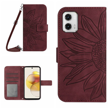 HT04 Flip Cover for Motorola Moto G73 5G, Bump Proof Sunflower Imprinted Stand Wallet PU Leather Case with Shoulder Strap