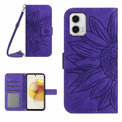 HT04 Flip Cover for Motorola Moto G73 5G, Bump Proof Sunflower Imprinted Stand Wallet PU Leather Case with Shoulder Strap