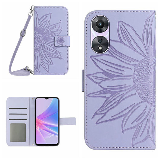 HT04 PU Leather Flip Cover for Oppo A58 5G (China) / A78 5G (Global Version), Sunflower Imprinted Stand Wallet Case with Shoulder Strap
