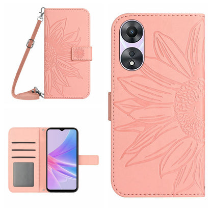 HT04 PU Leather Flip Cover for Oppo A58 5G (China) / A78 5G (Global Version), Sunflower Imprinted Stand Wallet Case with Shoulder Strap