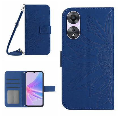 HT04 PU Leather Flip Cover for Oppo A58 5G (China) / A78 5G (Global Version), Sunflower Imprinted Stand Wallet Case with Shoulder Strap