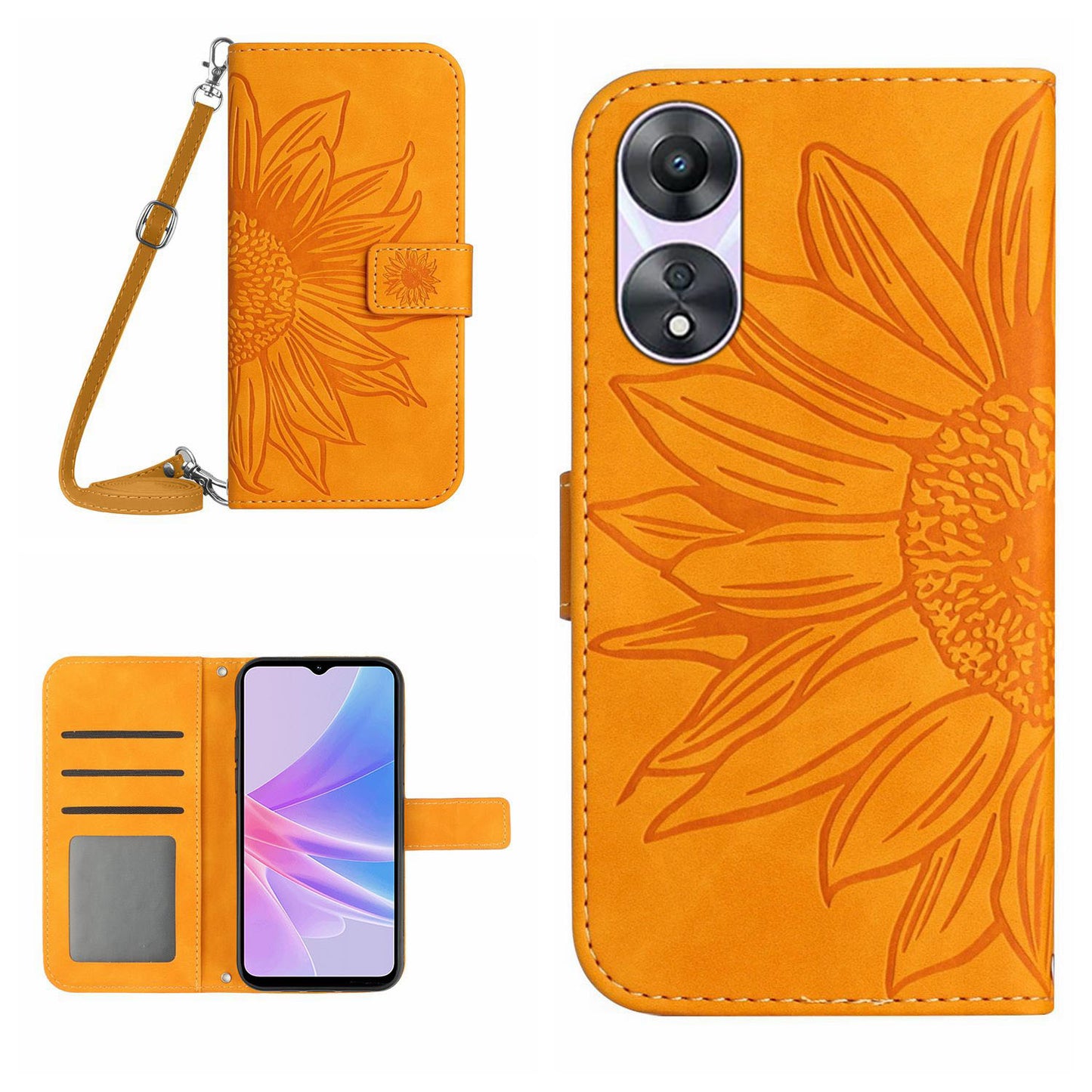 HT04 PU Leather Flip Cover for Oppo A58 5G (China) / A78 5G (Global Version), Sunflower Imprinted Stand Wallet Case with Shoulder Strap