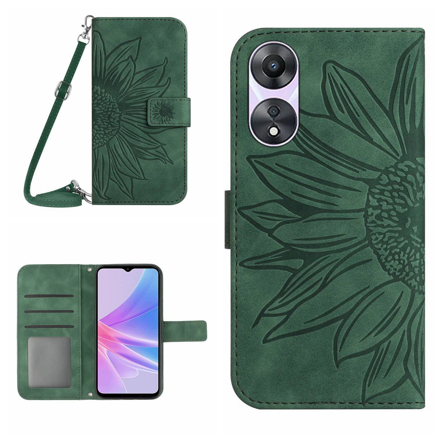 HT04 PU Leather Flip Cover for Oppo A58 5G (China) / A78 5G (Global Version), Sunflower Imprinted Stand Wallet Case with Shoulder Strap