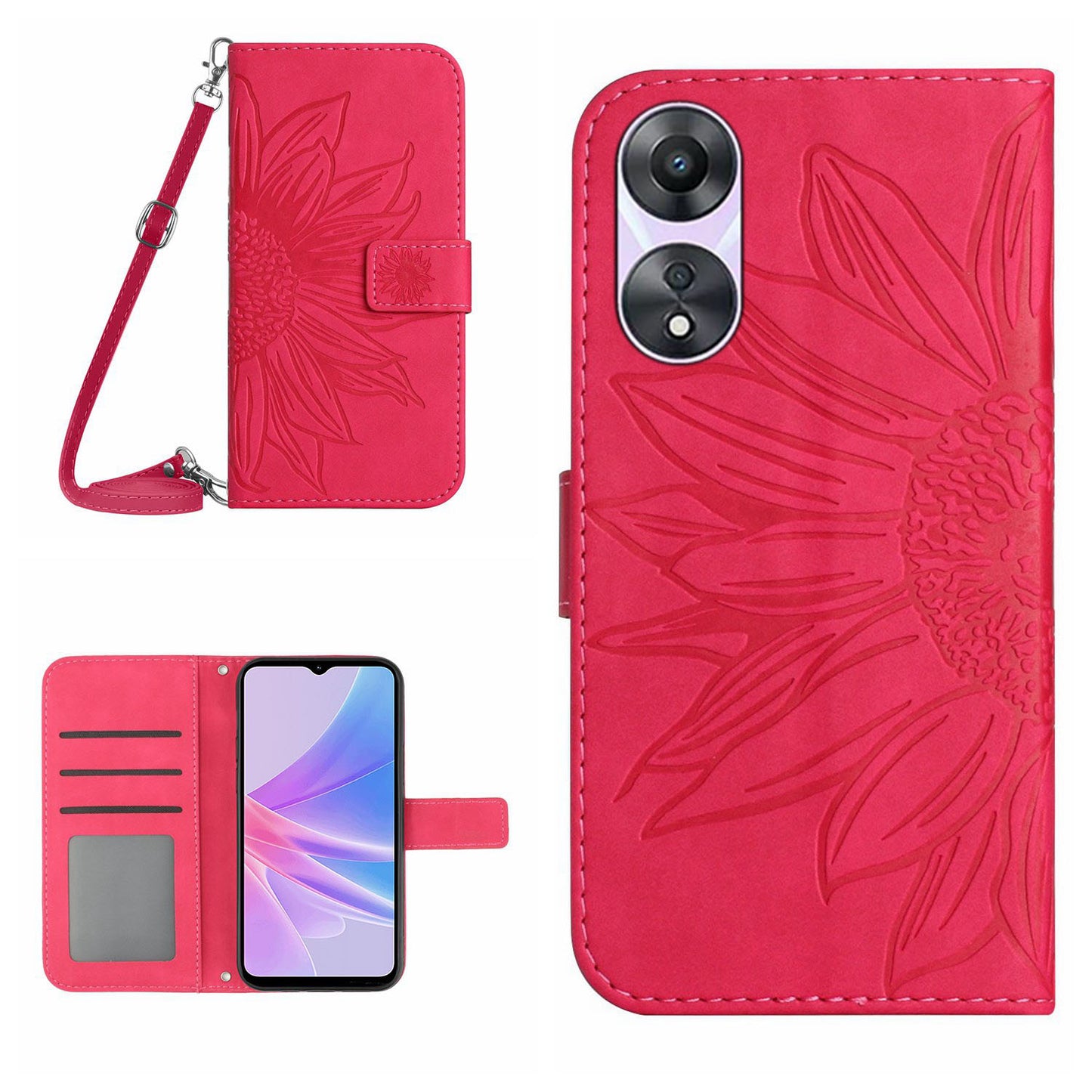 HT04 PU Leather Flip Cover for Oppo A58 5G (China) / A78 5G (Global Version), Sunflower Imprinted Stand Wallet Case with Shoulder Strap