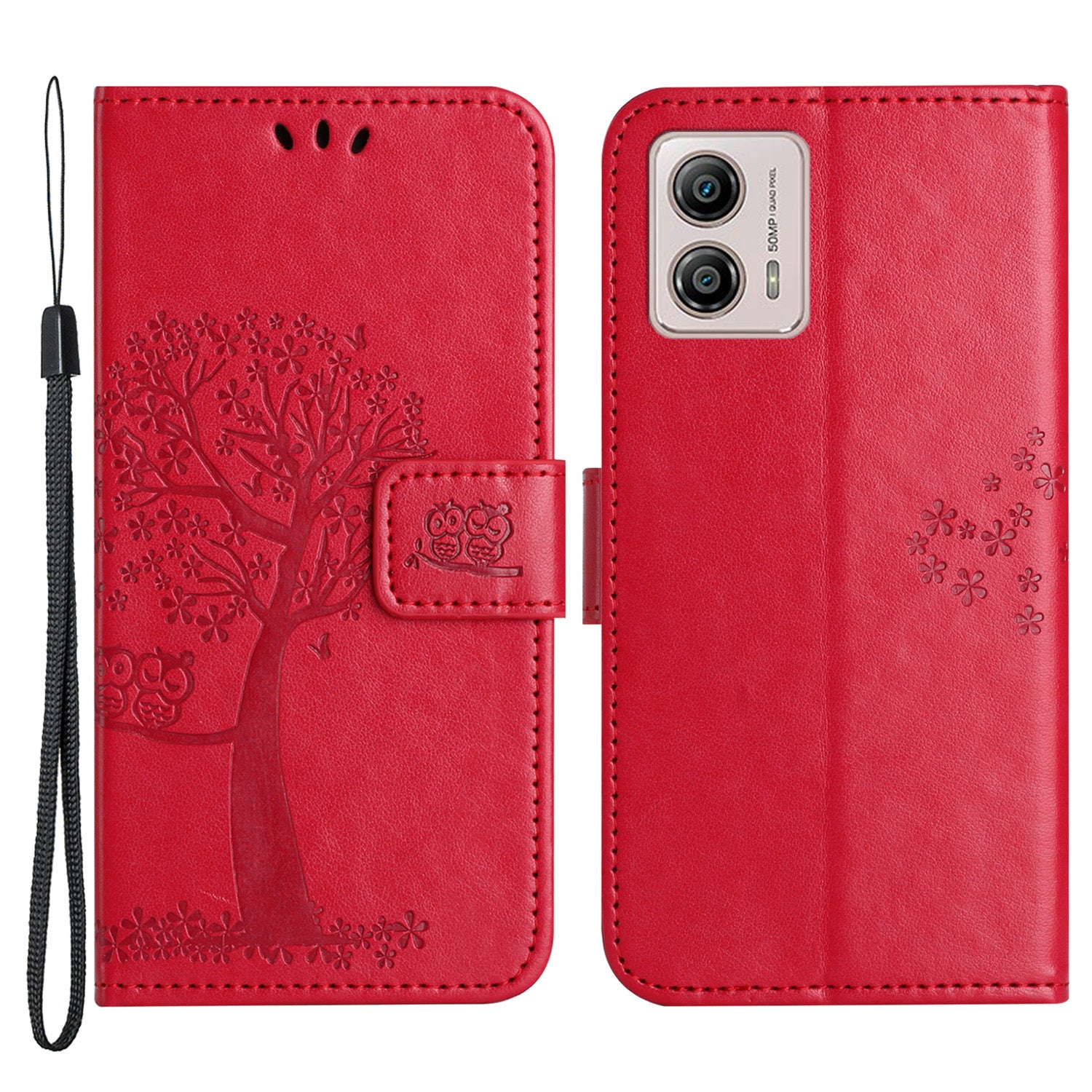 For Motorola Moto G53 5G / G23 4G / G13 4G Phone Stand Case Owl Tree Imprinted PU Leather Wallet Phone Cover