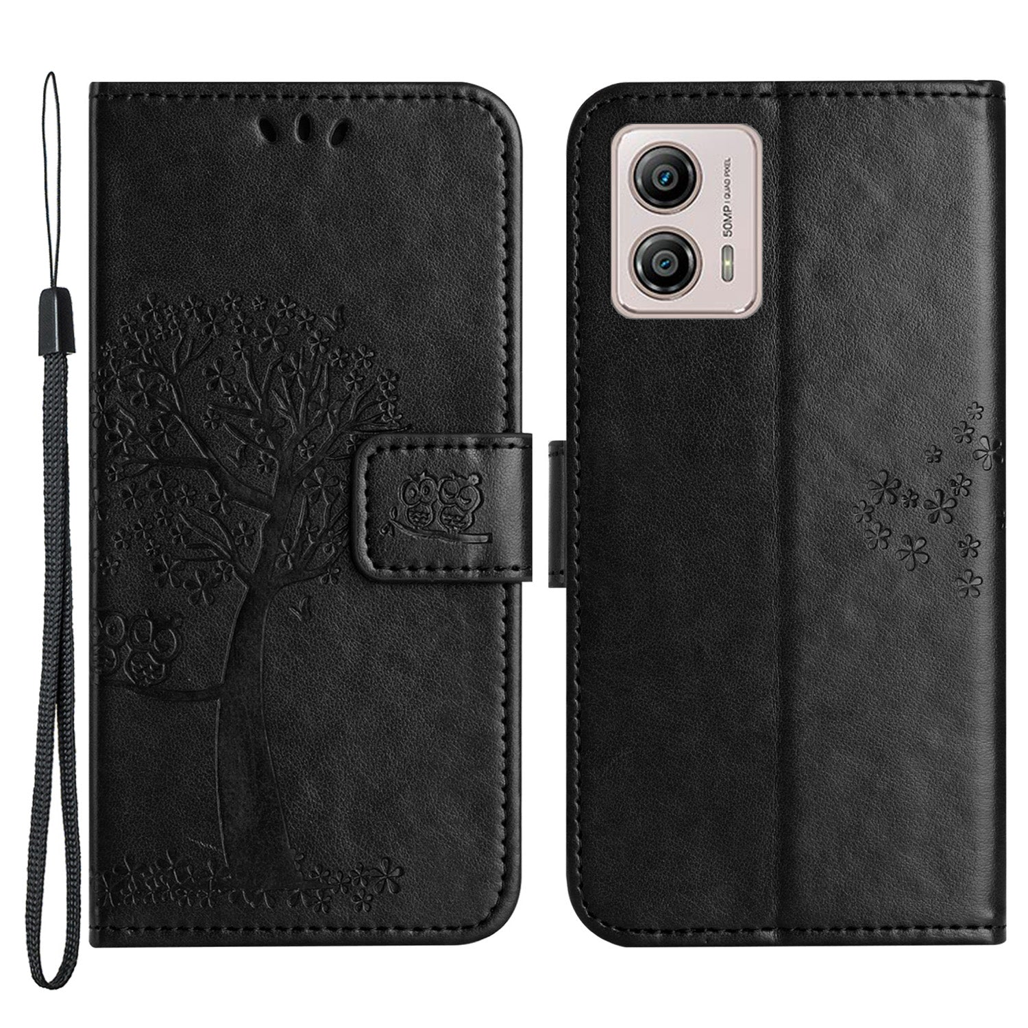 For Motorola Moto G53 5G / G23 4G / G13 4G Phone Stand Case Owl Tree Imprinted PU Leather Wallet Phone Cover