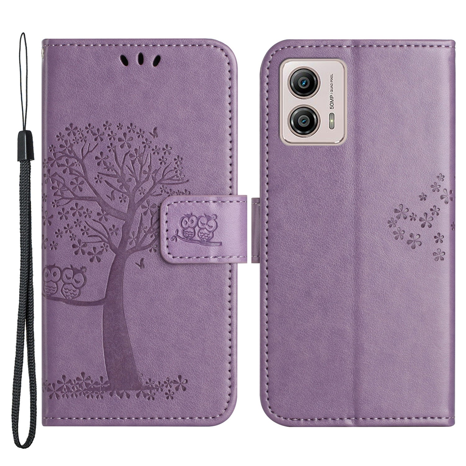 For Motorola Moto G53 5G / G23 4G / G13 4G Phone Stand Case Owl Tree Imprinted PU Leather Wallet Phone Cover