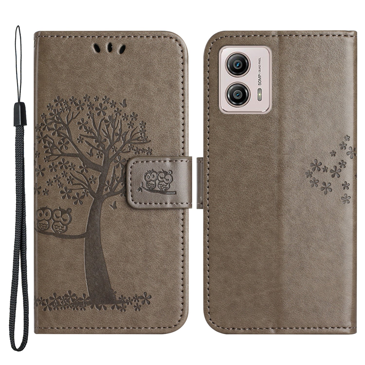 For Motorola Moto G53 5G / G23 4G / G13 4G Phone Stand Case Owl Tree Imprinted PU Leather Wallet Phone Cover