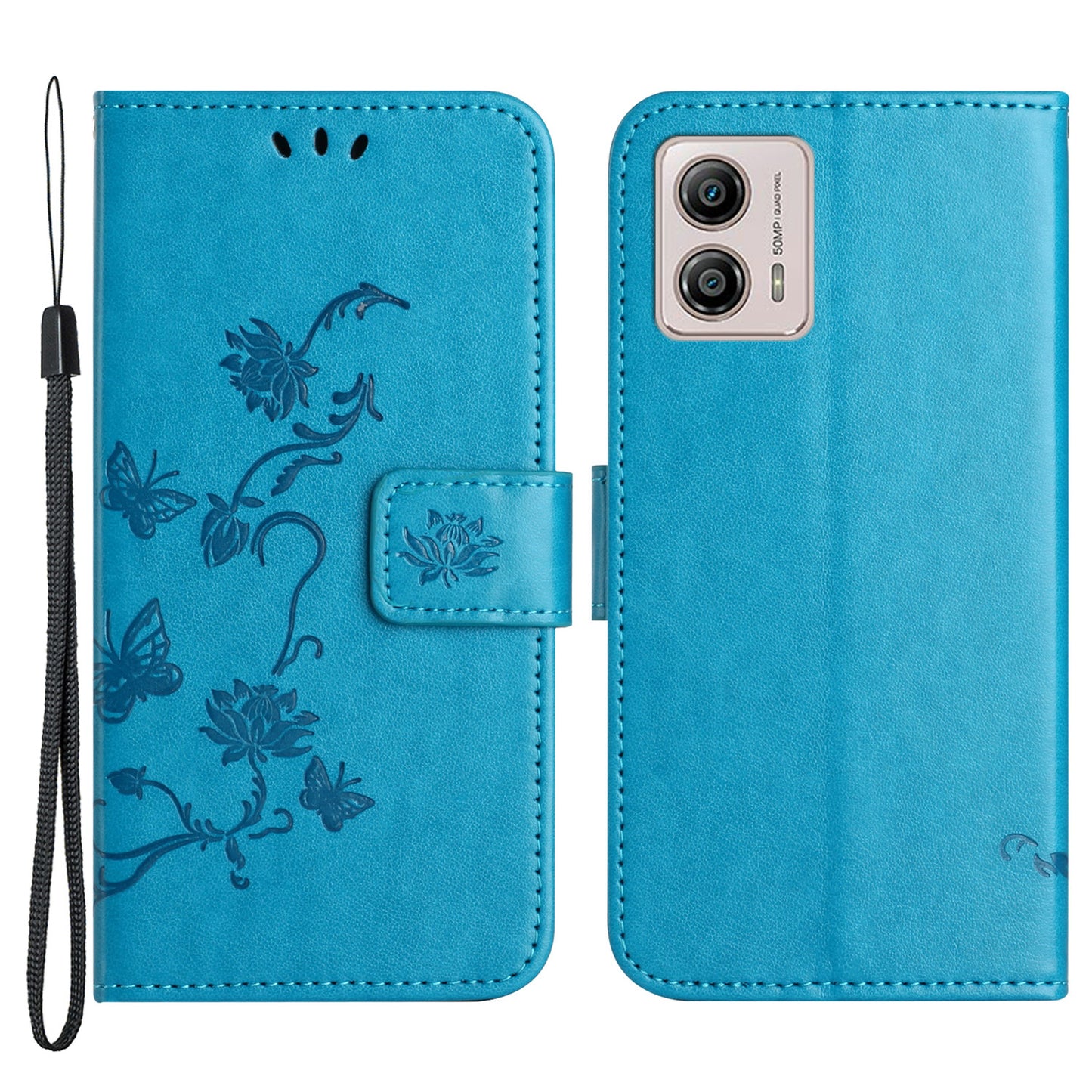 For Motorola Moto G53 5G / G23 4G / G13 4G Phone Leather Case Imprinted Butterfly Flower Phone Cover Stand Wallet with Strap