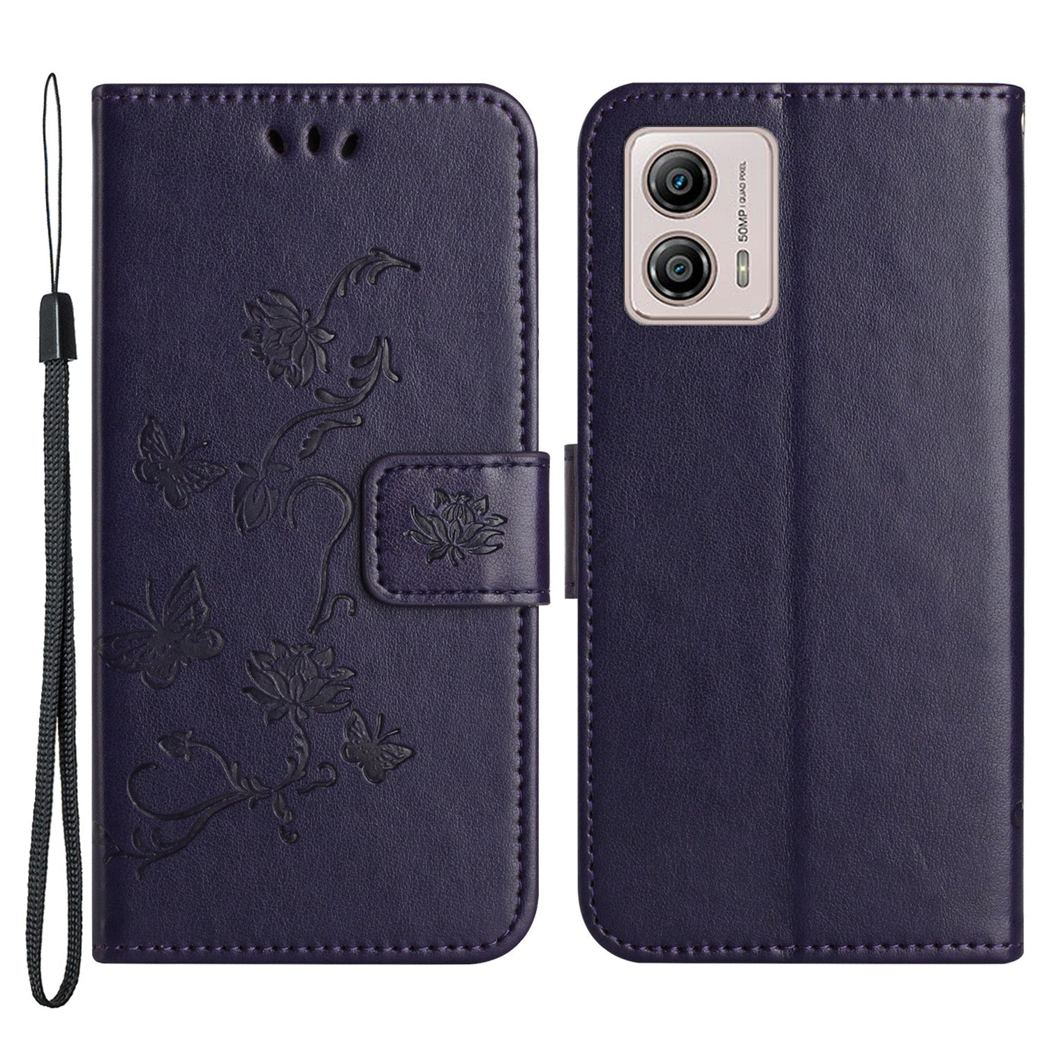 For Motorola Moto G53 5G / G23 4G / G13 4G Phone Leather Case Imprinted Butterfly Flower Phone Cover Stand Wallet with Strap