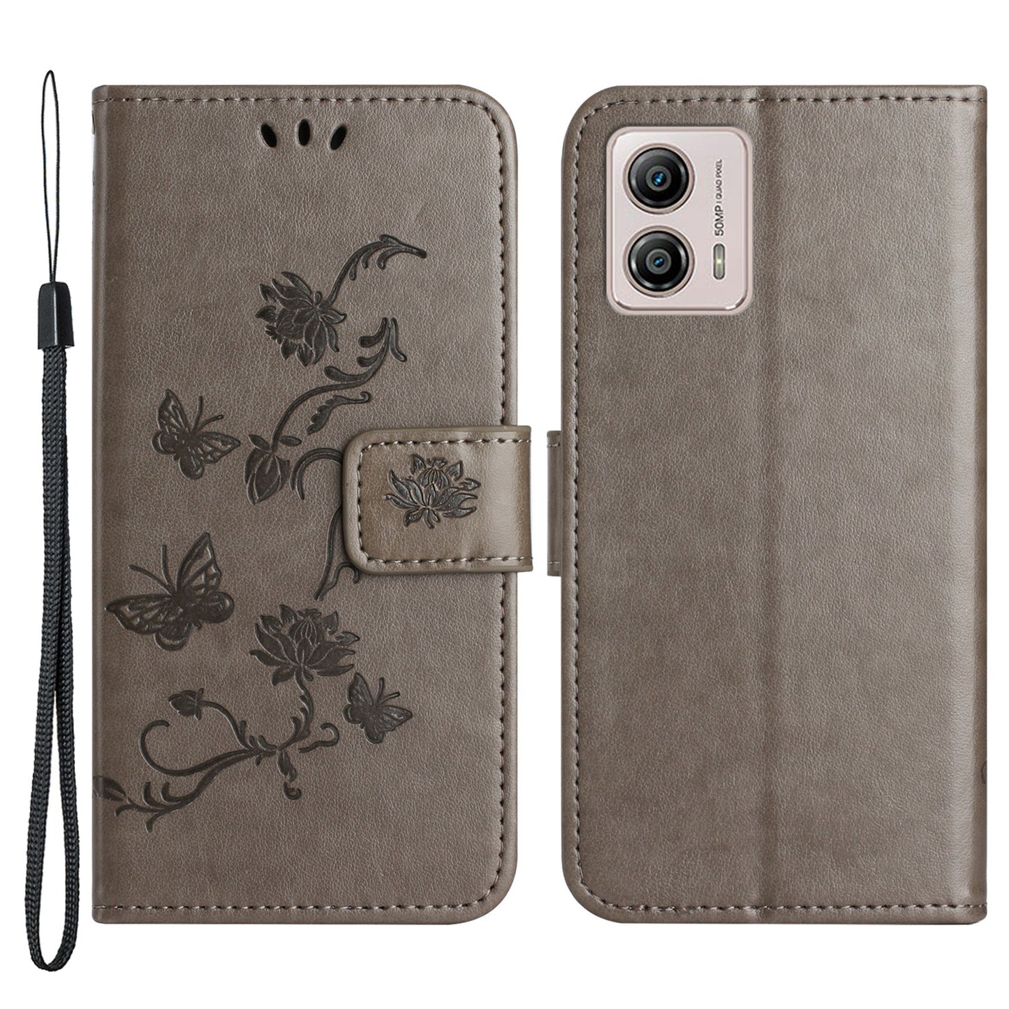 For Motorola Moto G53 5G / G23 4G / G13 4G Phone Leather Case Imprinted Butterfly Flower Phone Cover Stand Wallet with Strap