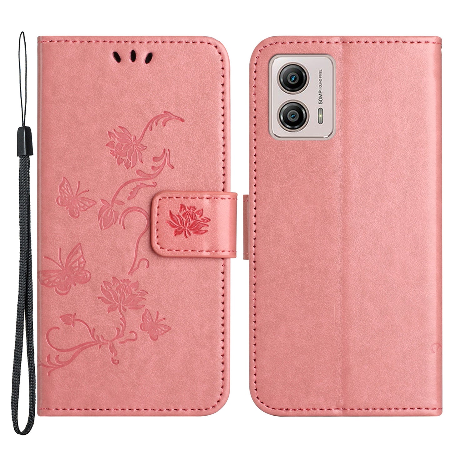 For Motorola Moto G53 5G / G23 4G / G13 4G Phone Leather Case Imprinted Butterfly Flower Phone Cover Stand Wallet with Strap