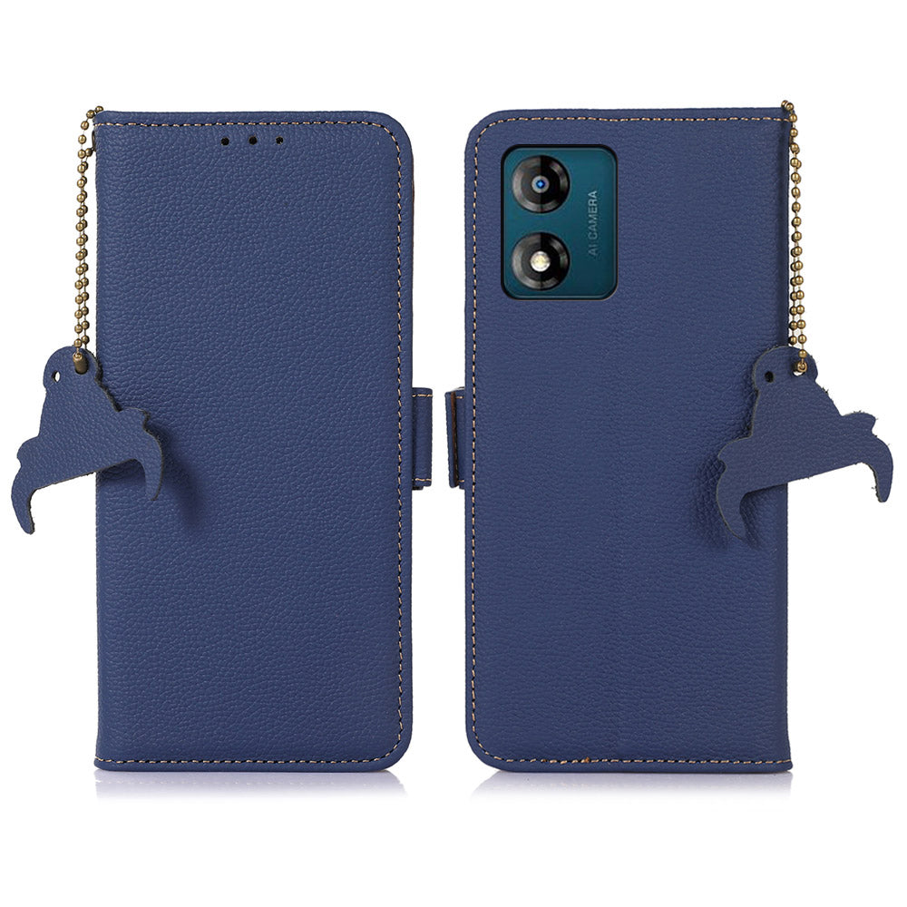 Genuine Cow Leather Anti-drop Phone Case for Motorola Moto E13 4G, RFID Blocking Wallet Stand Full Protection Phone Cover