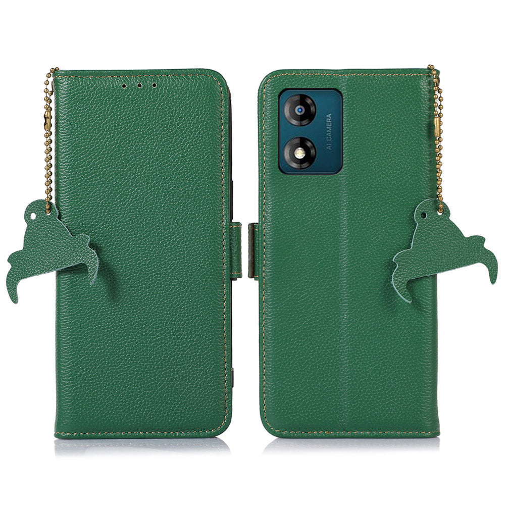 Genuine Cow Leather Anti-drop Phone Case for Motorola Moto E13 4G, RFID Blocking Wallet Stand Full Protection Phone Cover