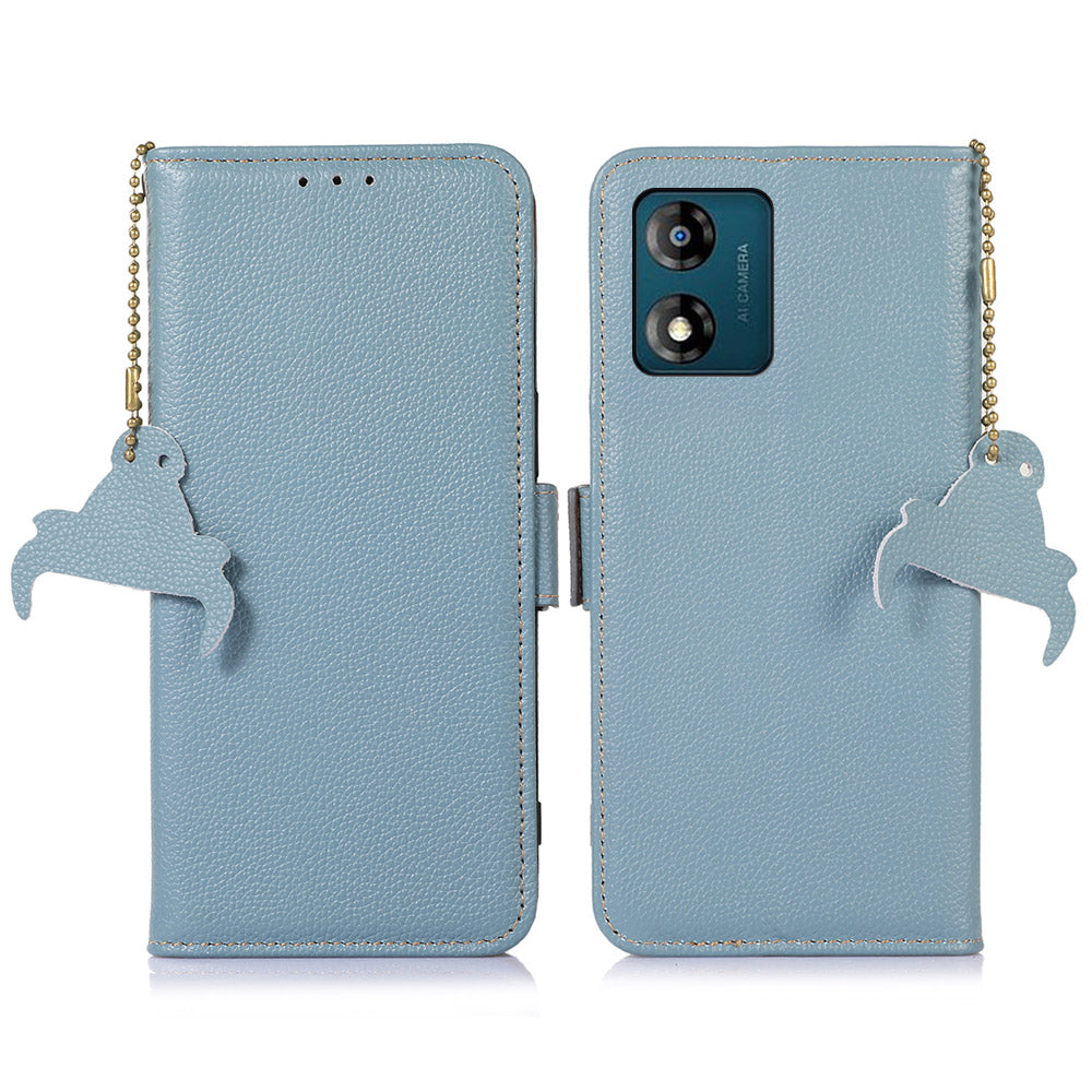 Genuine Cow Leather Anti-drop Phone Case for Motorola Moto E13 4G, RFID Blocking Wallet Stand Full Protection Phone Cover