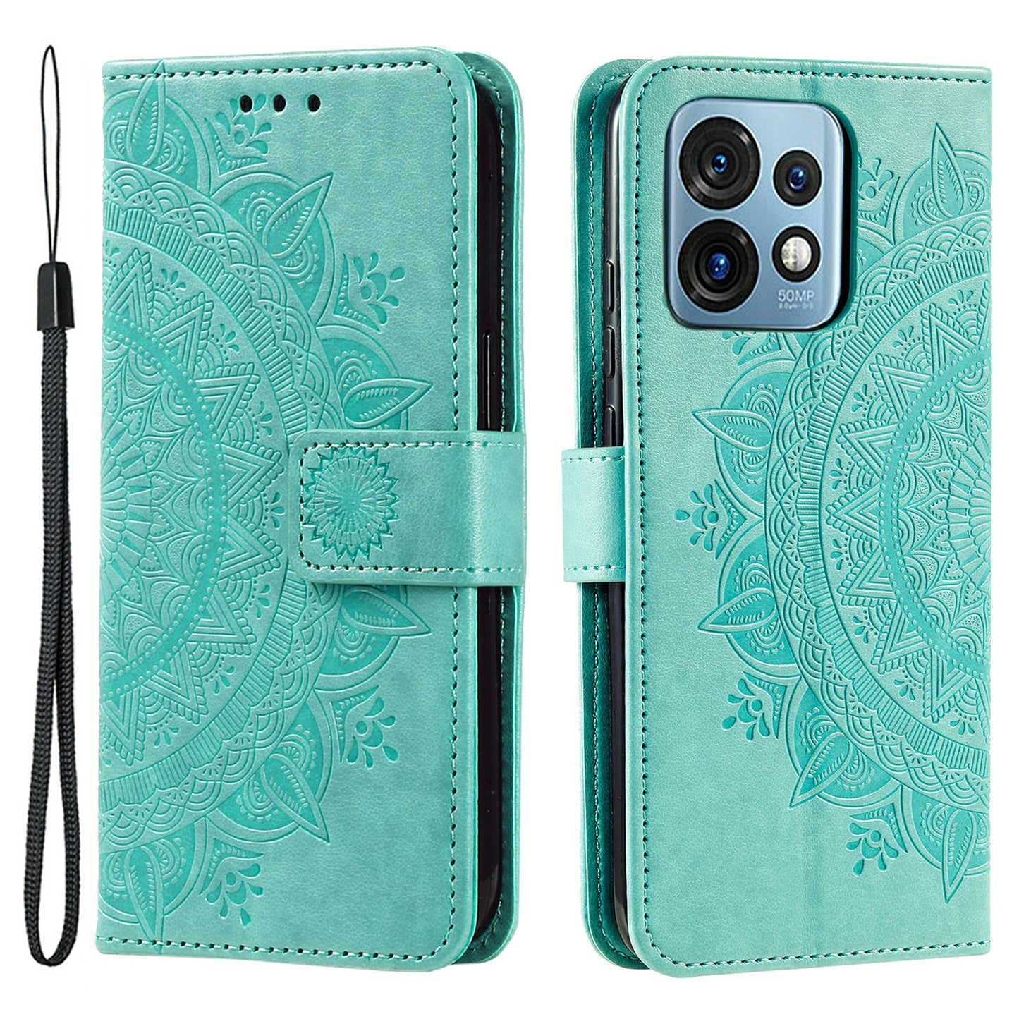 For Motorola Moto X40 5G / Edge 40 Pro 5G  Anti-Shock Phone Shell Imprinted Mandala Flower Pattern Wallet Stand Phone Case with Strap