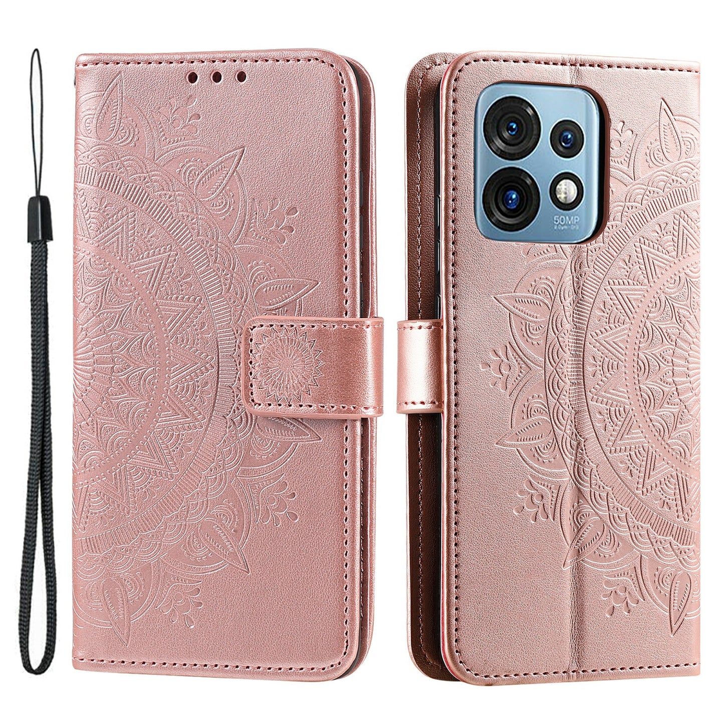 For Motorola Moto X40 5G / Edge 40 Pro 5G  Anti-Shock Phone Shell Imprinted Mandala Flower Pattern Wallet Stand Phone Case with Strap