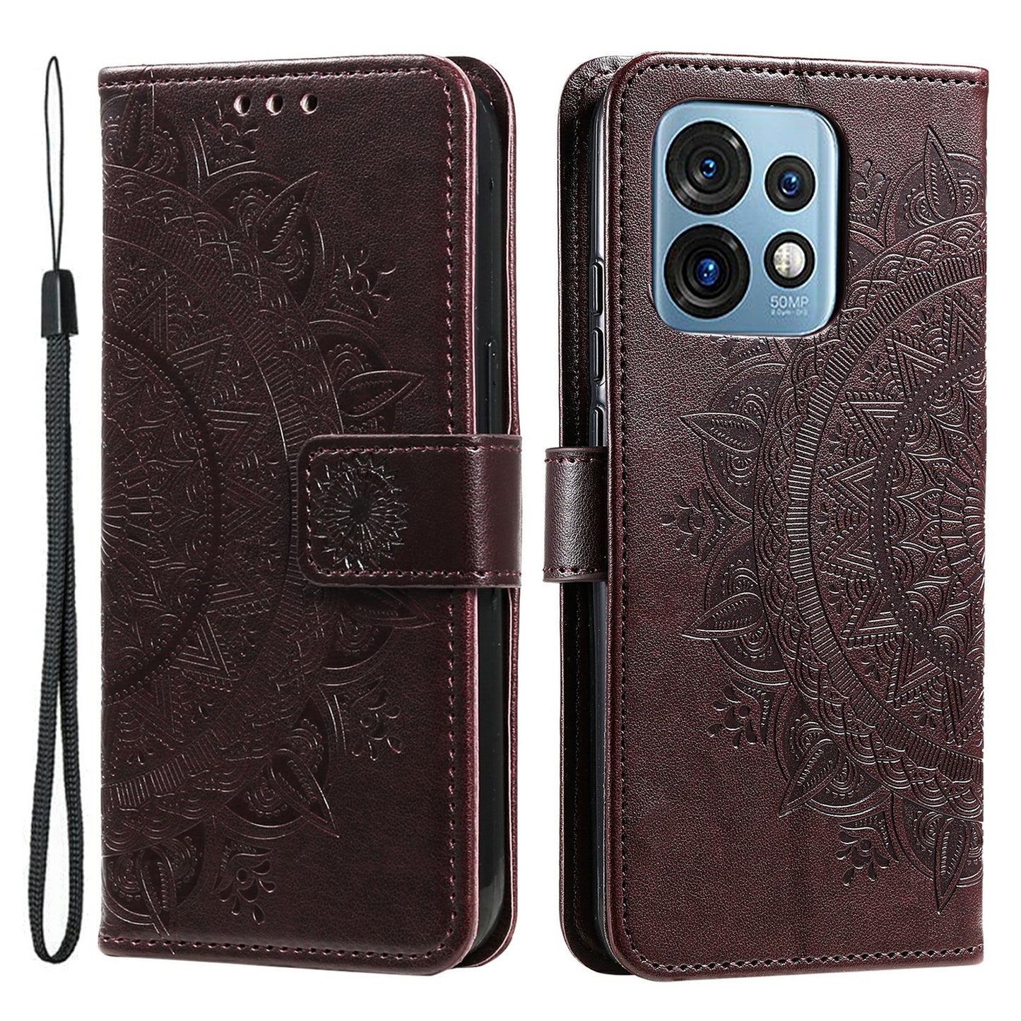 For Motorola Moto X40 5G / Edge 40 Pro 5G  Anti-Shock Phone Shell Imprinted Mandala Flower Pattern Wallet Stand Phone Case with Strap