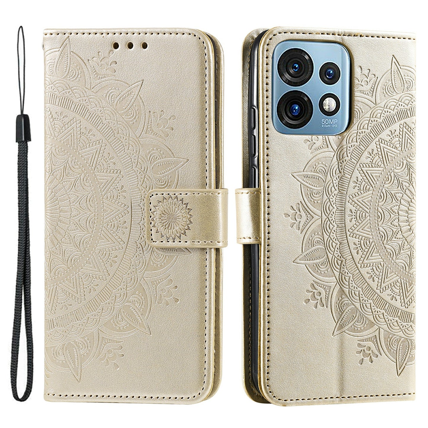 For Motorola Moto X40 5G / Edge 40 Pro 5G  Anti-Shock Phone Shell Imprinted Mandala Flower Pattern Wallet Stand Phone Case with Strap