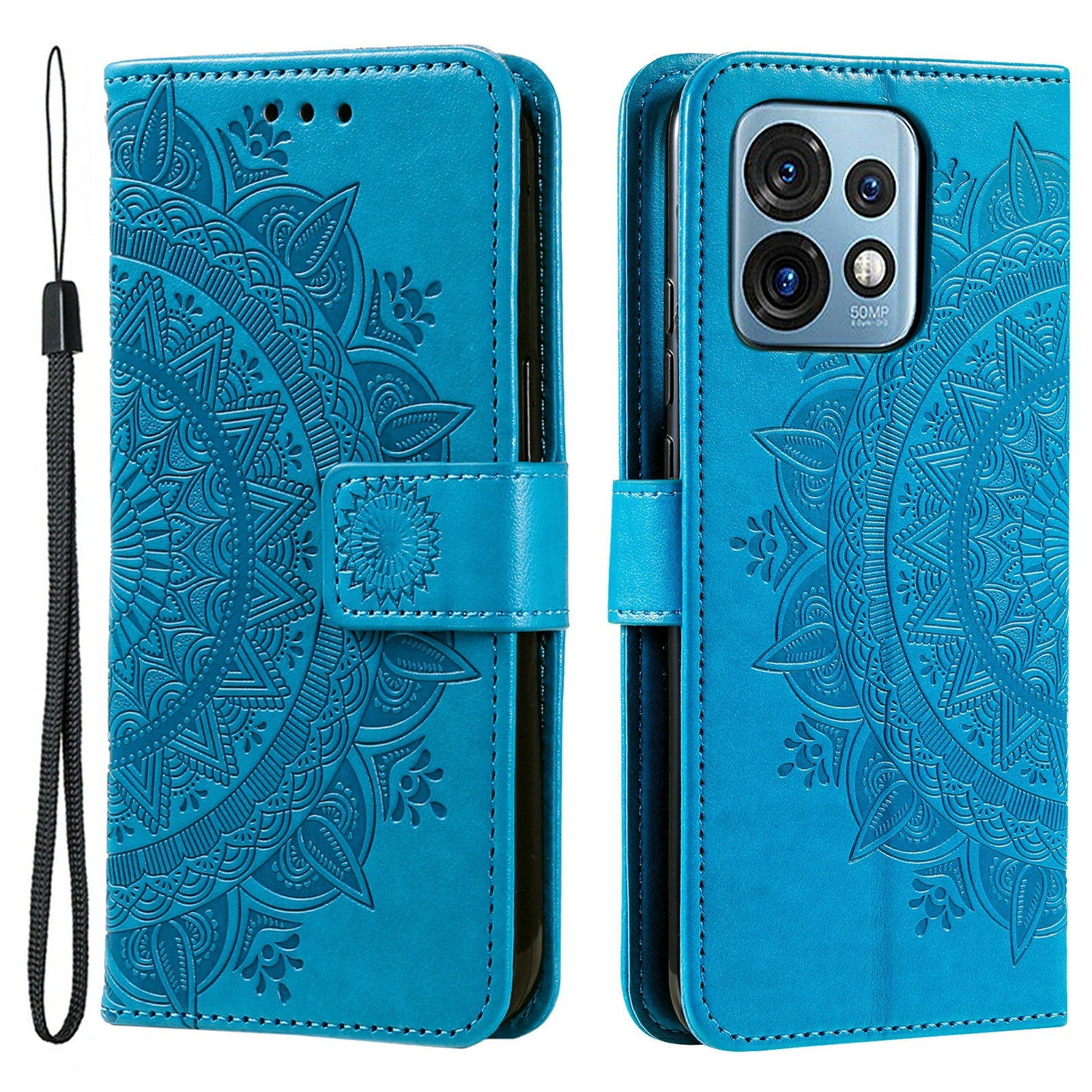 For Motorola Moto X40 5G / Edge 40 Pro 5G  Anti-Shock Phone Shell Imprinted Mandala Flower Pattern Wallet Stand Phone Case with Strap