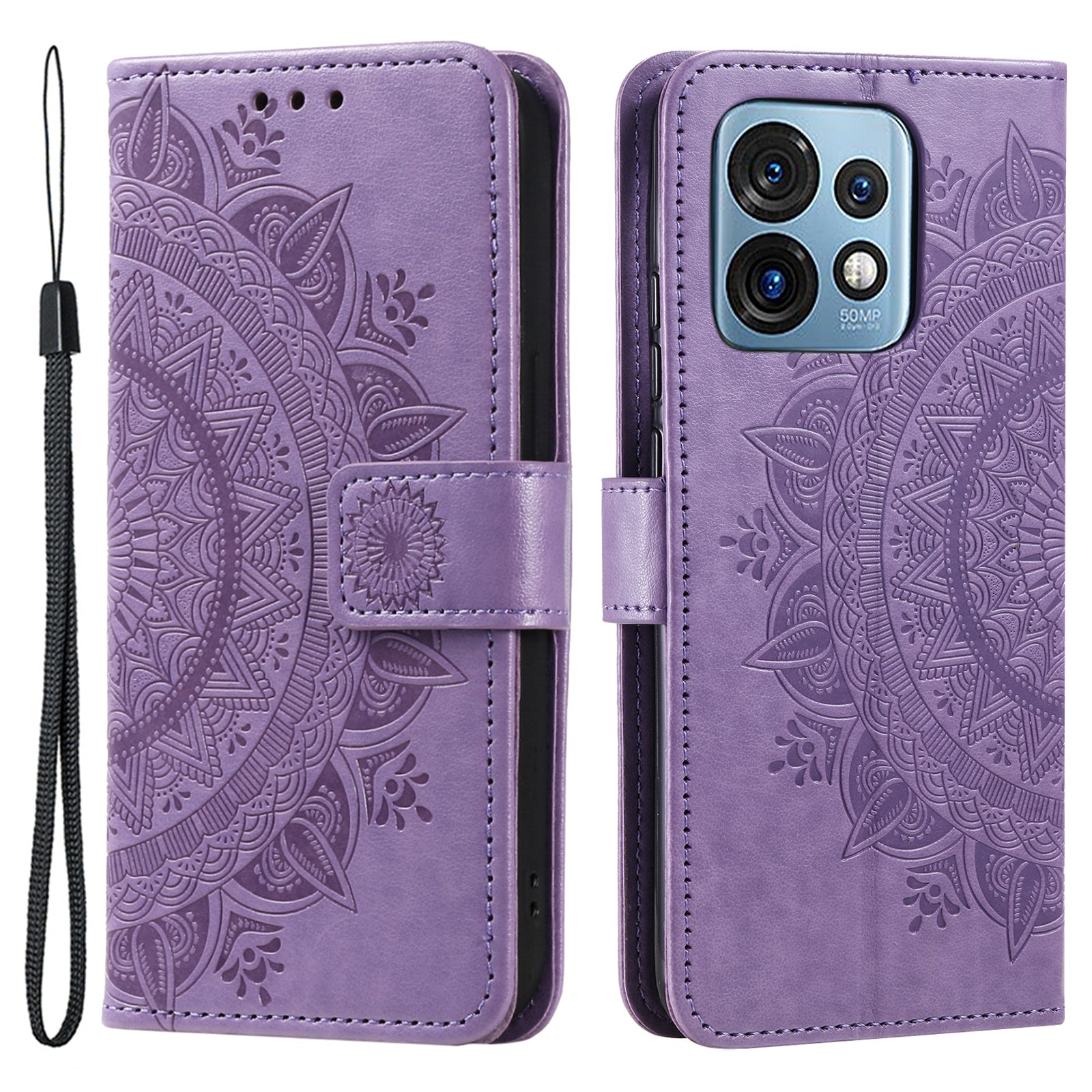 For Motorola Moto X40 5G / Edge 40 Pro 5G  Anti-Shock Phone Shell Imprinted Mandala Flower Pattern Wallet Stand Phone Case with Strap