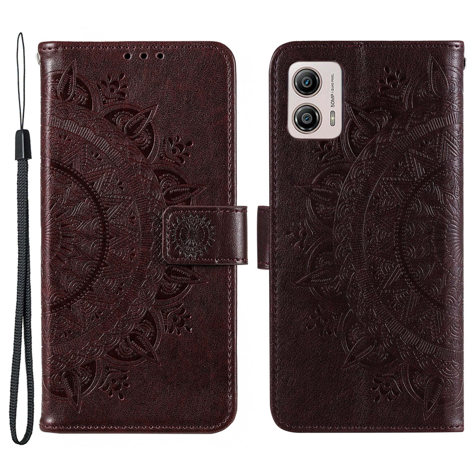 For Motorola Moto G53 5G Anti-Scratch Phone Shell Protector Imprinted Mandala Flower Pattern Wallet Stand Phone Case