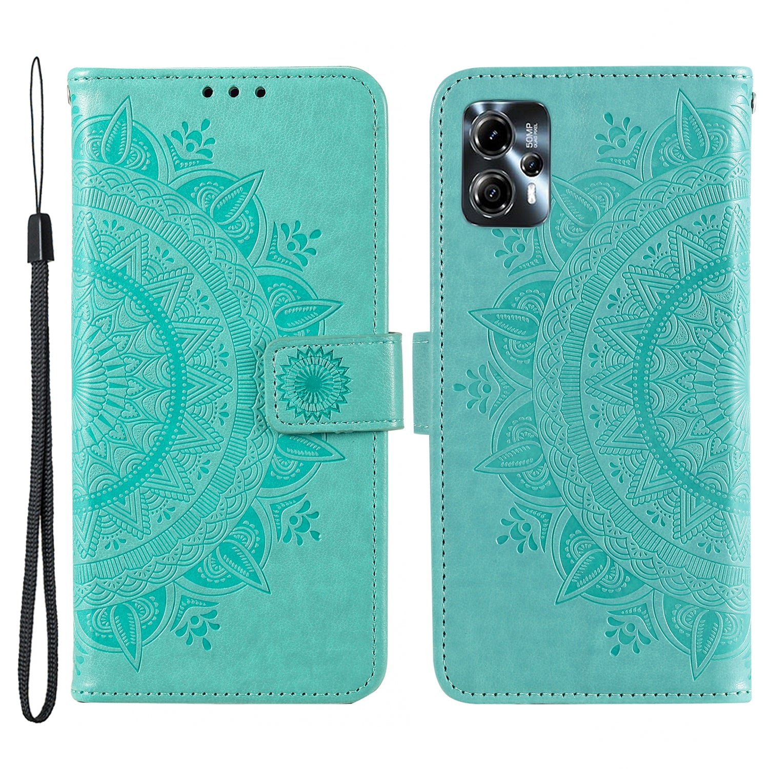 Leather Phone Case for Motorola Moto G13 4G / G23 4G, Imprinted Mandala Flower Pattern Wallet Stand Phone Cover with Strap