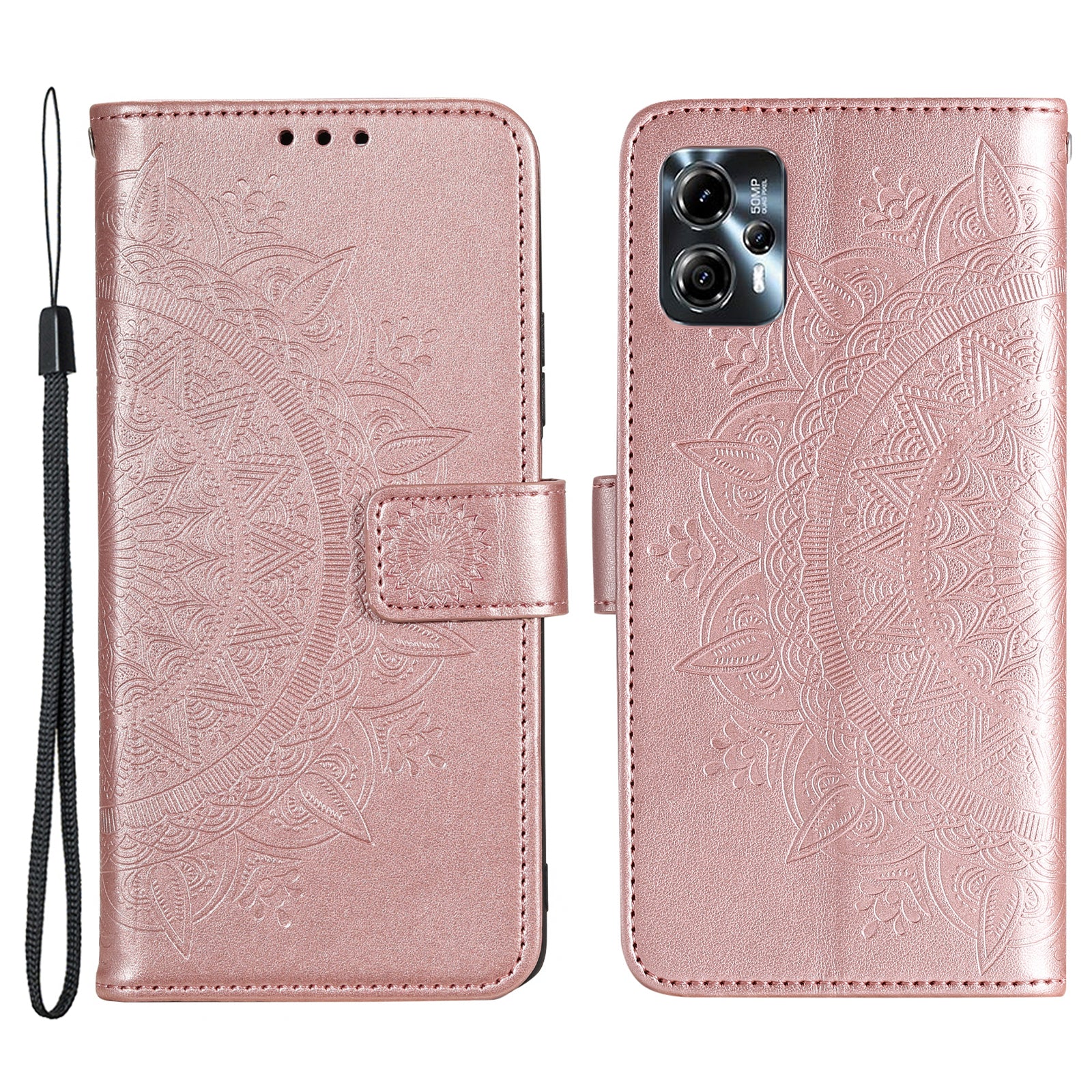 Leather Phone Case for Motorola Moto G13 4G / G23 4G, Imprinted Mandala Flower Pattern Wallet Stand Phone Cover with Strap