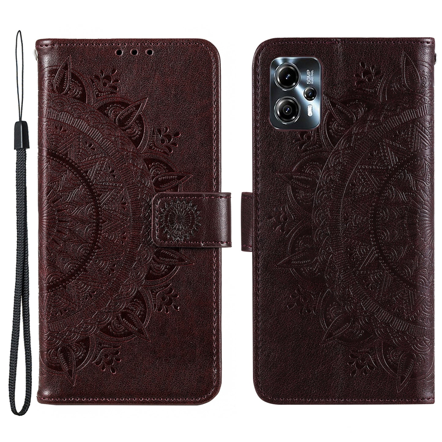 Leather Phone Case for Motorola Moto G13 4G / G23 4G, Imprinted Mandala Flower Pattern Wallet Stand Phone Cover with Strap