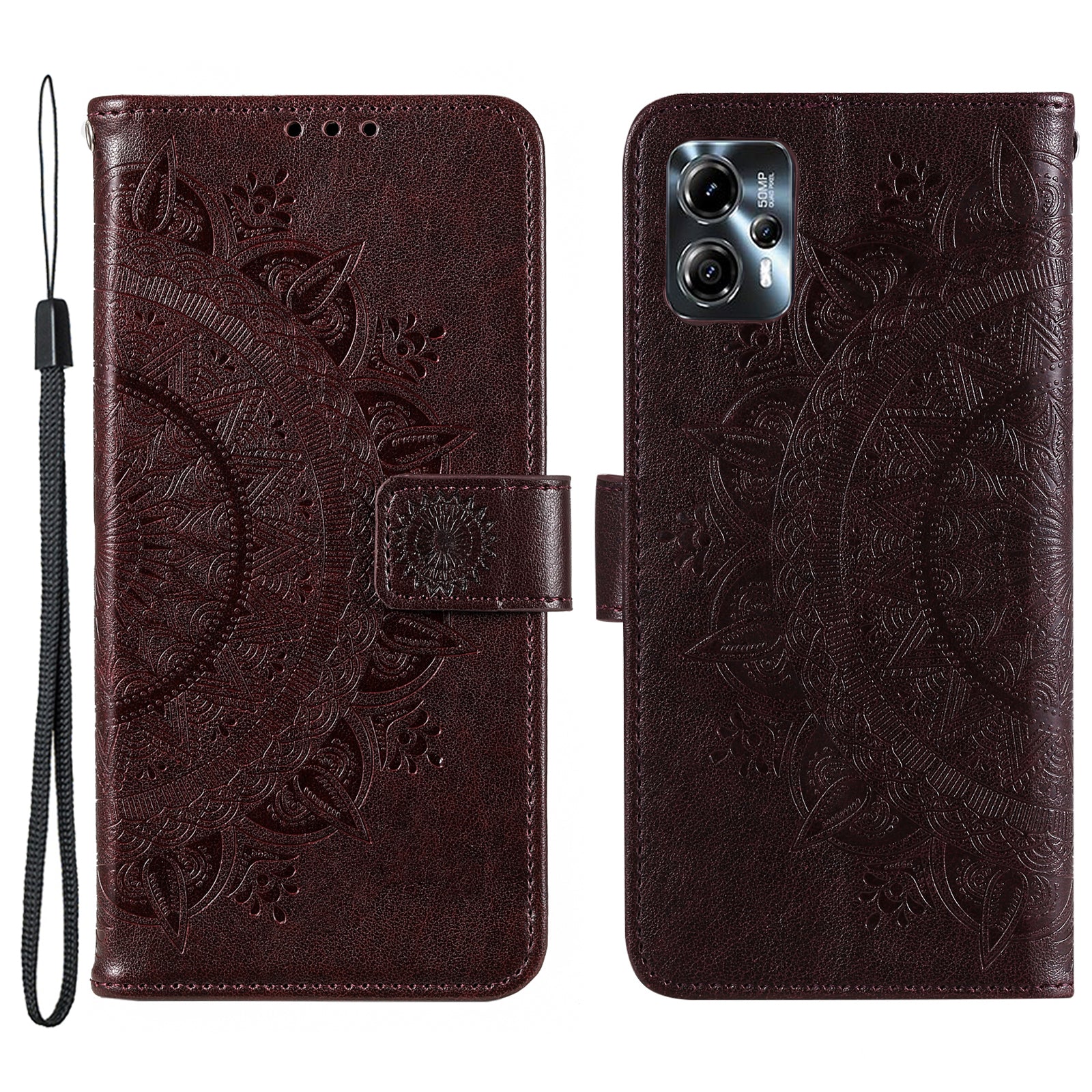 Leather Phone Case for Motorola Moto G13 4G / G23 4G, Imprinted Mandala Flower Pattern Wallet Stand Phone Cover with Strap