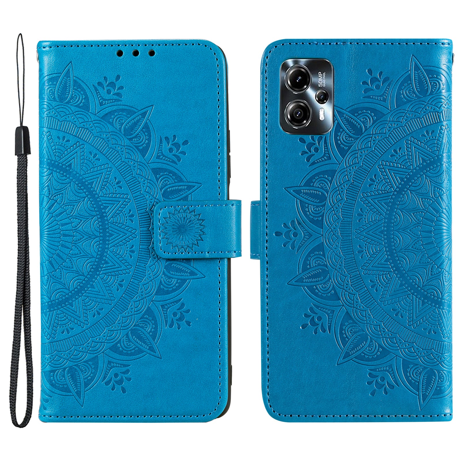 Leather Phone Case for Motorola Moto G13 4G / G23 4G, Imprinted Mandala Flower Pattern Wallet Stand Phone Cover with Strap