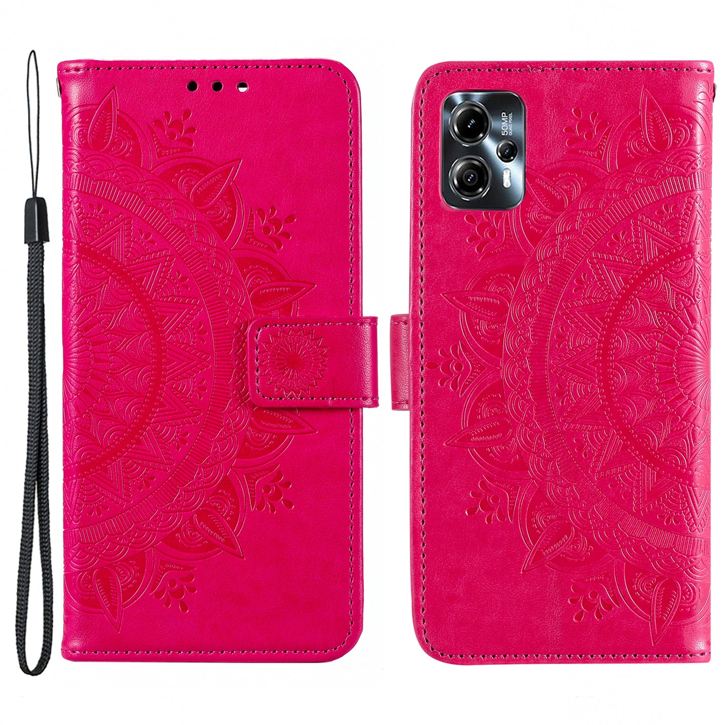 Leather Phone Case for Motorola Moto G13 4G / G23 4G, Imprinted Mandala Flower Pattern Wallet Stand Phone Cover with Strap